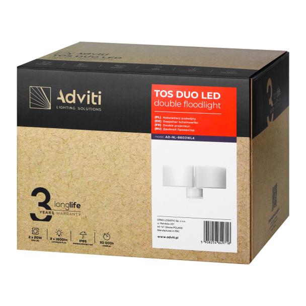 TOS DUO LED 2x20W podwójny naświetlacz ogrodowy, 2x1600lm IP65 4000K neutralna biel biały AD-NL-6603WL4 ORNO