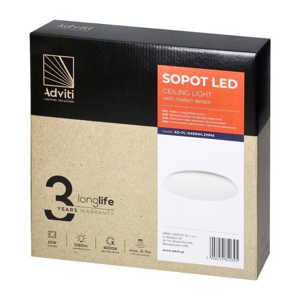 SOPOT plafon LED 12W z mikroflowym czujnikiem ruchu, 1190 lm, 4000K, klosz PVC, IP20 AD-PL-6459WLZMM4 ORNO