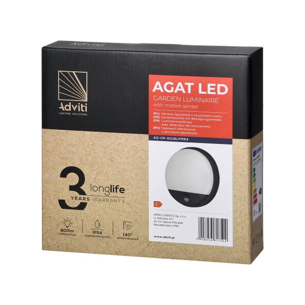 AGAT LED 10W, oprawa ogrodowa z czujnikiem ruchu, 140st, 800lm, IP54, 4000K, czarna AD-OP-6111BLPMR4 ORNO