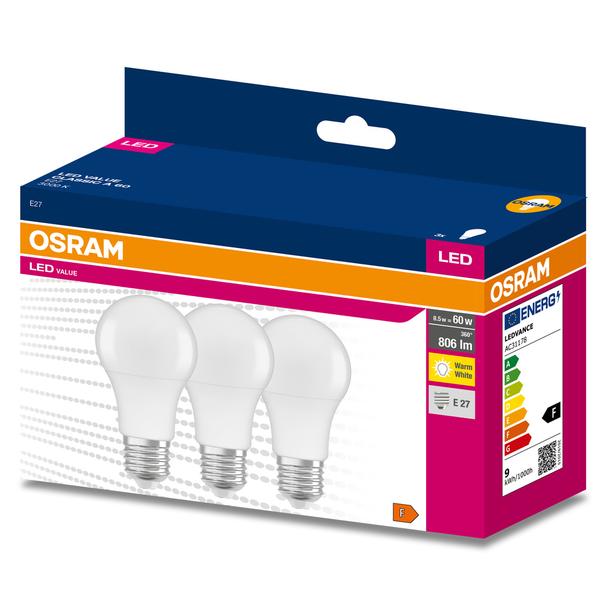 Żarówka LED x3 A60 E27 8W = 60W 806lm 3000K Ciepła 180° VALUE CLASSIC Osram