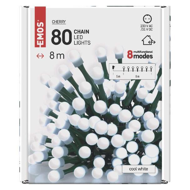 Lampki choinkowe 80 LED cherry 8m zimna biel zielony przewód 8 programów IP44 D5AC06 EMOS