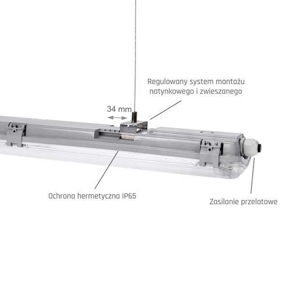 Limea LED TUBE 2x150 IP65, korpus ABS, klosz PC, zasilanie jednostronne