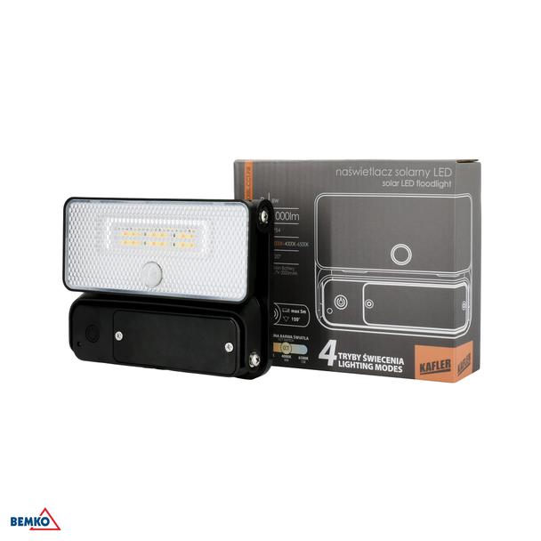 NAŚWIETLACZ LAMPA SOLARNA LED 3 barwy świecenia SOKER 8W 1000lm 3000K/4000K/6500K IP54 CZARNY Czujni C83-SOK-008BL-CCT-PIR BEMKO