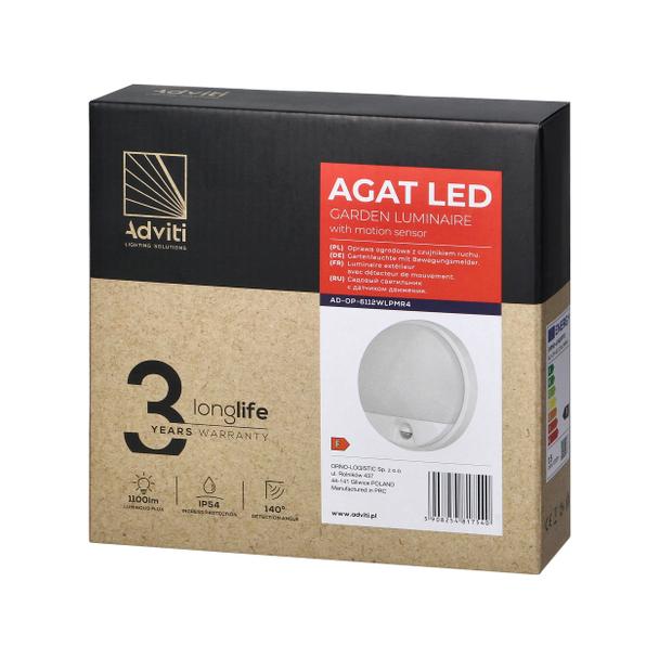 AGAT LED 15W, oprawa ogrodowa z czujnikiem ruchu 140st, 1200lm, IP54, 4000K, biała AD-OP-6112WLPMR4 ORNO