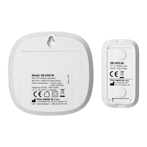 PELA DC dzwonek bezprzewodowy bateryjny learning system 60 dźwięków LED RGB 300m biały DB-6/W ORNO