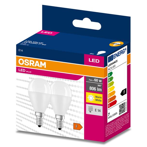 Żarówka LED x2 P45 Kulka E14 6.5W = 60W 806lm 3000K Ciepła 180° VALUE CLASSIC Osram