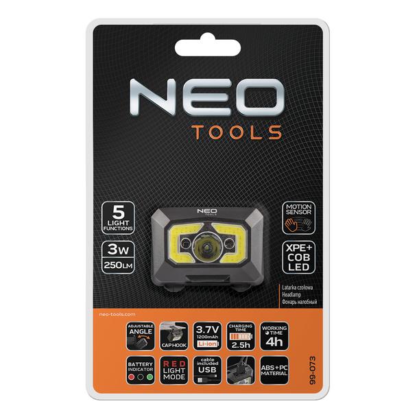 Latarka czołowa akumulatorowa USB 250 lm COB LED + czujnik ruchu NEO TOOLS GTX 99-073 GTX Poland