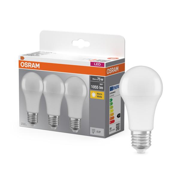Żarówka LED x3 A60 E27 10W = 75W 1055lm 2700K Ciepła 150° BASE Osram