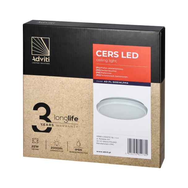 CERS LED 22W, plafon oświetleniowy, 2000lm, IP65, 4000K, poliwęglan mleczny, biały AD-PL-6091WLPM4 ORNO