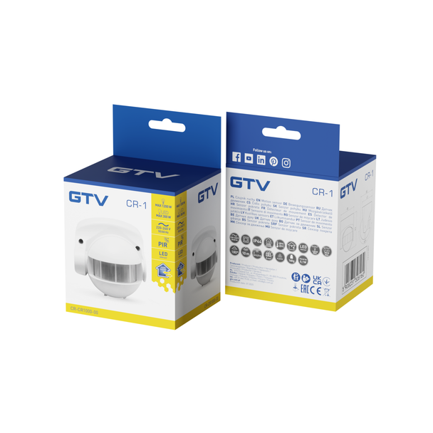 GTV CZUJNIK RUCHU CR-1, max. 1200W, AC 220-240V, 50/60Hz, KĄT DZIAŁANIA 180*, ZASIĘG 10m ± 1,8- 2,5m, IP44, NIE WSPÓŁPRACUJE Z LED, NATYNKOWY, BIAŁY CR-CR1000-00 GTV Poland