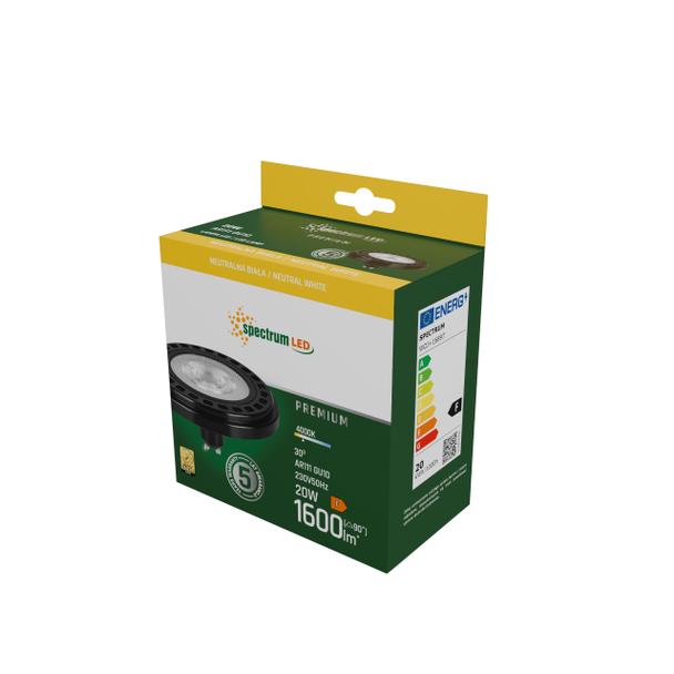 Żarówka LED AR111 GU10 230V 20W COB 30ST NW b. neutralna RA90 CZARNY 5 lat gw. Spectrum LED