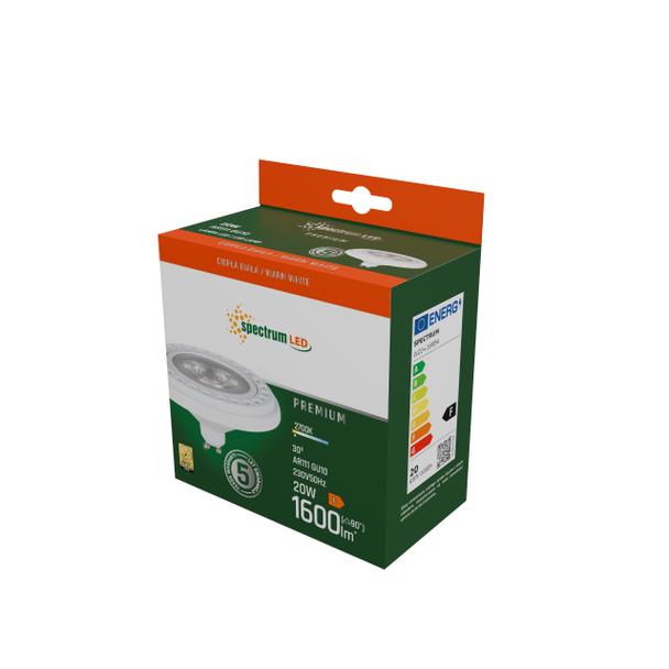 Żarówka LED AR111 GU10 230V 20W COB 30ST WW b. ciepła RA90 BIAŁY 5 lat gw. Spectrum LED