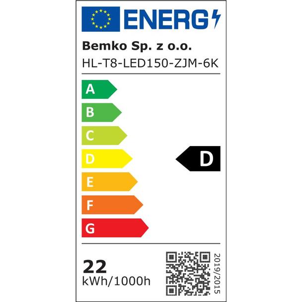 TUBA LED T8 HIGH LUMEN 1500MM 22W 6000K 3150LM ZASILANIE JEDNOSTRONNE KLOSZ MLECZNY D89-HL-T8-LED150-ZJM-6K BEMKO