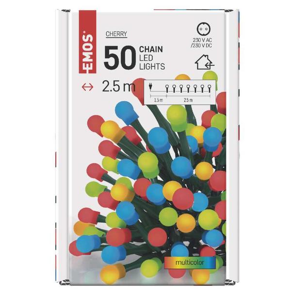 Lampki choinkowe 50 LED cherry 2,5m multikolor, zielony przewód, IP20 D5GM01 EMOS