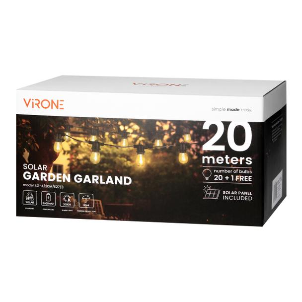Girlanda solarna ogrodowa lampki solarne 20m + 21x Żarówka E27 LED + PILOT LG-4/20M/E27/3 ORNO