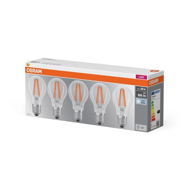 Żarówka LED x5 A60 E27 6.5W = 60W 806lm 4000K Neutralna 300° Filament BASE Osram