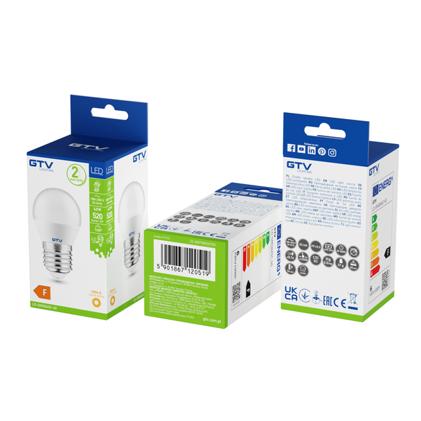 Żarówka LED E27 6W 470lm 3000K ciepła biel kulka LD-SMGB45C-60 GTV Poland
