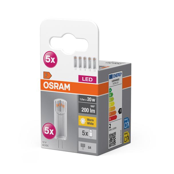 Żarówka LED x5 Kapsułka G4 1.8W = 20W 200lm 2700K Ciepła 12V 320° BASE Osram