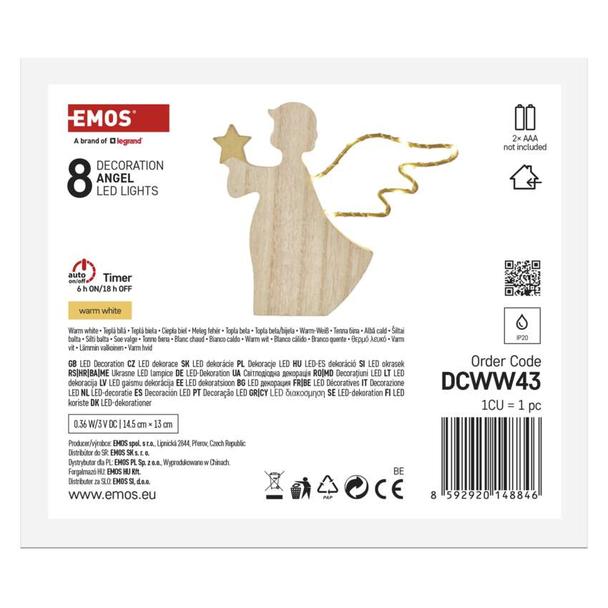 Ozdoba świąteczna anioł 8 LED 13 cm 2x AA ciepła biel IP20 timer DCWW43 EMOS