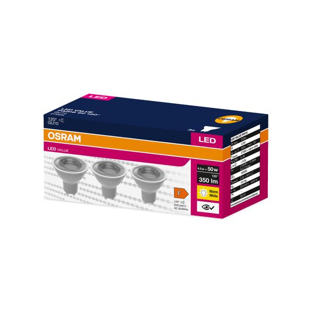 Żarówka LED x3 PAR16 Reflektor GU10 4.5W = 35W 350lm 2700K Ciepła 120° VALUE Osram
