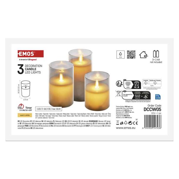 Świece świąteczne woskowe w szkle 100 LED 3 szt 6x AA ciepła biel IP20 timer DCCW05 EMOS