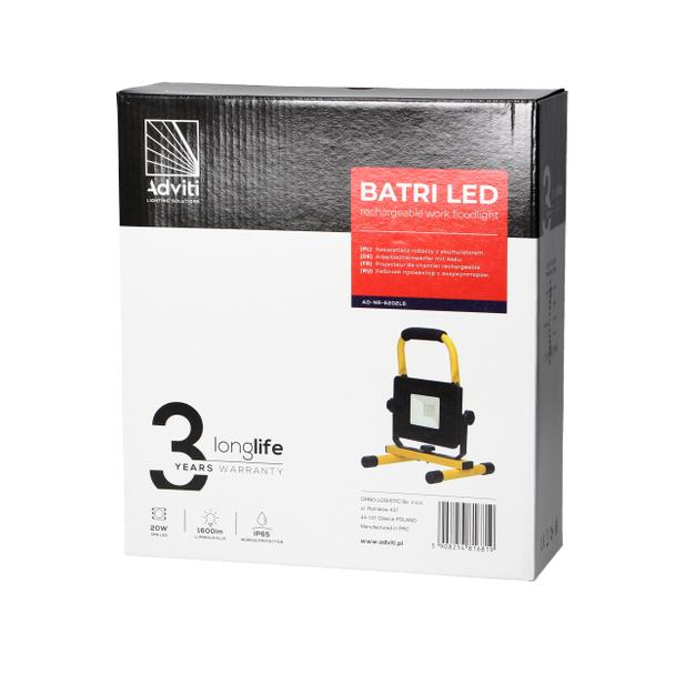 BATRI LED 20W, Naświetlacz roboczy, przenośny z akum., 1600lm, IP65, 6500K, 4400mAh AD-NR-6202L6 ORNO