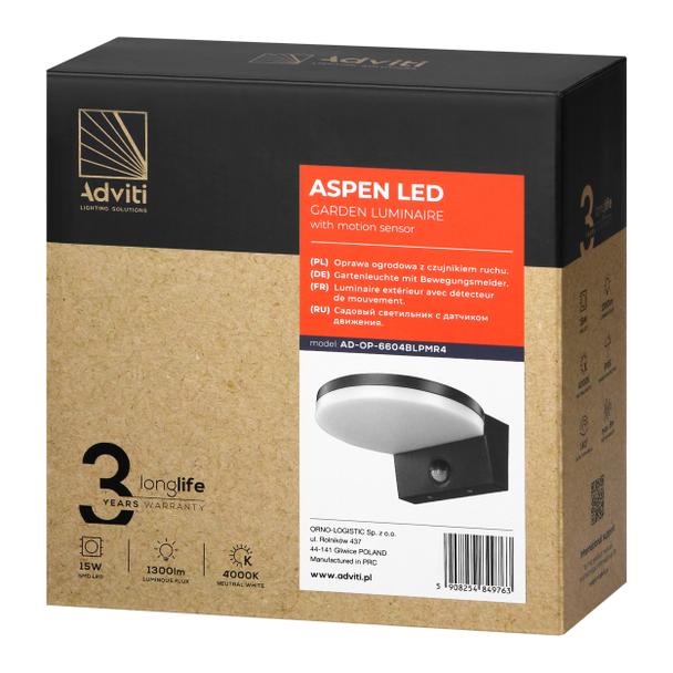 ASPEN LED 15W, oprawa ogrodowa z czujnikiem ruchu PIR, 1300lm, IP65, 4000K, czarna AD-OP-6604BLPMR4 ORNO