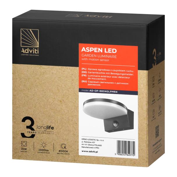 ASPEN LED 15W oprawa ogrodowa z czujnikiem ruchu PIR 1300lm IP65 4000K szara AD-OP-6604GLPMR4 ORNO