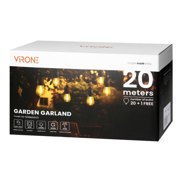 Girlanda oświetleniowa - 1 sznur 20 m (20 opraw) + 20 żarówek LED 1W E27, 3000K + 1 żarówka gratis LG-3/20M/E27/3 ORNO