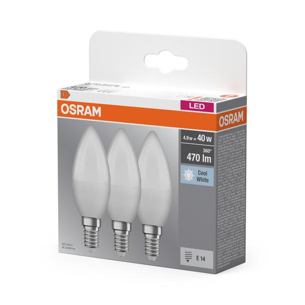 Żarówka LED x3 B37 Świeczka E14 4.9W = 40W 470lm 4000K Neutralna 180° BASE Osram