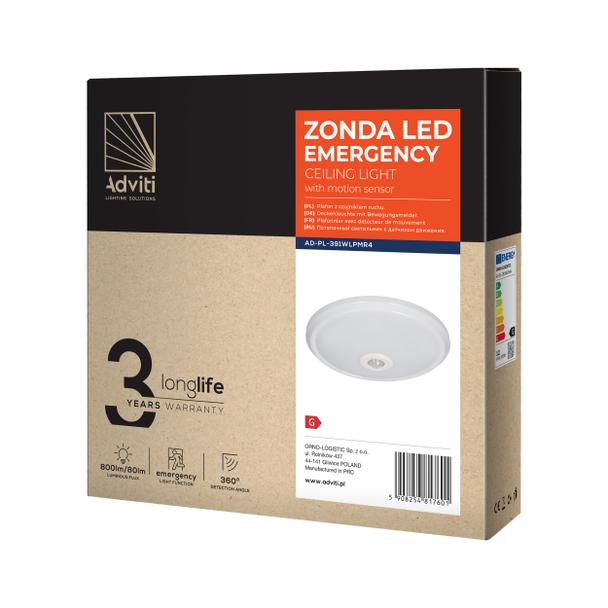 ZONDA LED EMERGENCY 12W/1,2W, plafon z czujnikiem ruchu, 800lm/80lm, IP20, 4000K, poliwęglan mleczny AD-PL-391WLPMR4 ORNO