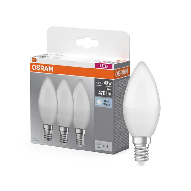 Żarówka LED x3 B37 Świeczka E14 4.9W = 40W 470lm 4000K Neutralna 180° BASE Osram