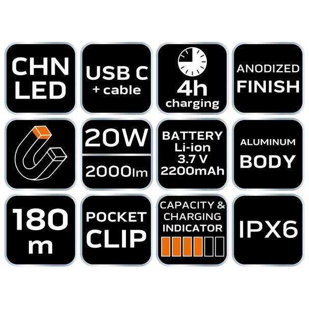 Latarka akumulatorowa USB C 2000 lm CHN LED NEO GTX 99-067 GTX Poland