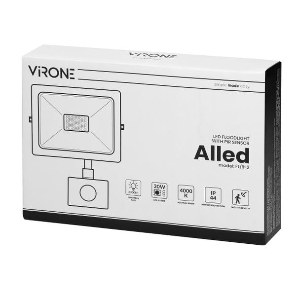 ALLED 30W Naświetlacz LED z PIR, 2400lm, IP44, 4000K, Alu+szkło FL/R-2 ORNO