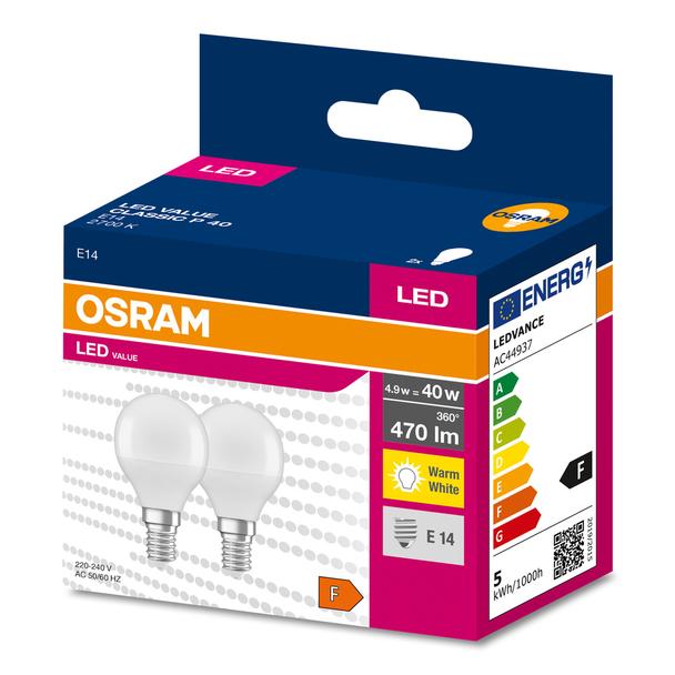 Żarówka LED x2 P45 Kulka E14 4.9W = 40W 470lm 2700K Ciepła 200° VALUE CLASSIC Osram