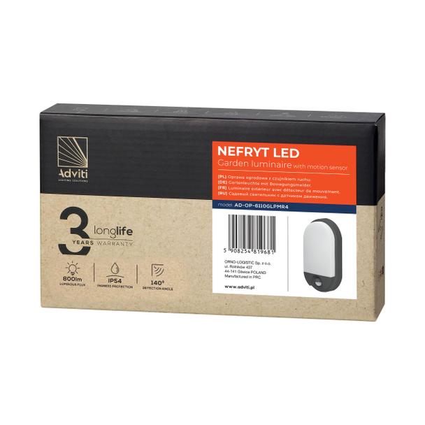 NEFRYT LED 10W, oprawa ogrodowa z czujnikiem ruchu, 800lm, IP54, 4000K, szara AD-OP-6110GLPMR4 ORNO