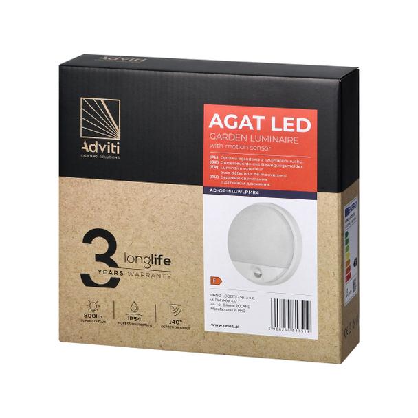 AGAT LED 10W, oprawa ogrodowa z czujnikiem ruchu 140st, 850lm, IP54, 4000K, biała AD-OP-6111WLPMR4 ORNO