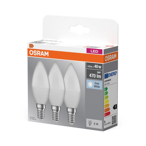 Żarówka LED x3 B37 Świeczka E14 4.9W = 40W 470lm 4000K Neutralna 180° BASE Osram