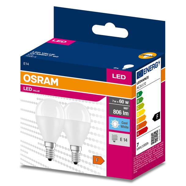 Żarówka LED x2 P45 Kulka E14 6.5W = 60W 806lm 4000K Neutralna 150° VALUE CLASSIC Osram