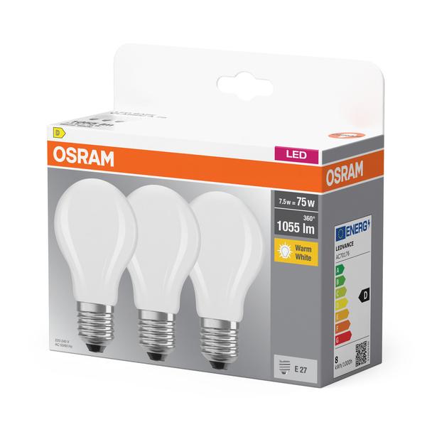 Żarówka LED x3 A60 E27 7.5W = 75W 1055lm 2700K Ciepła 300° BASE Osram