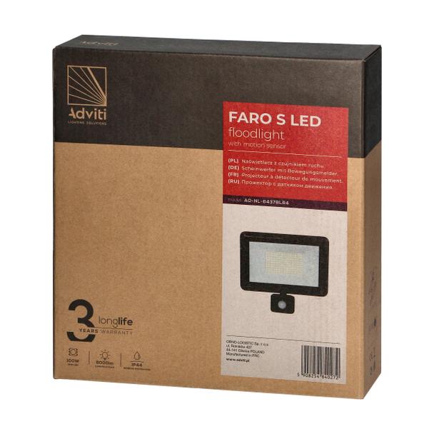 FARO S LED 100W naświetlacz z PIR 8000lm, IP44, 4000K, aluminium + szkło AD-NL-6437BLR4 ORNO