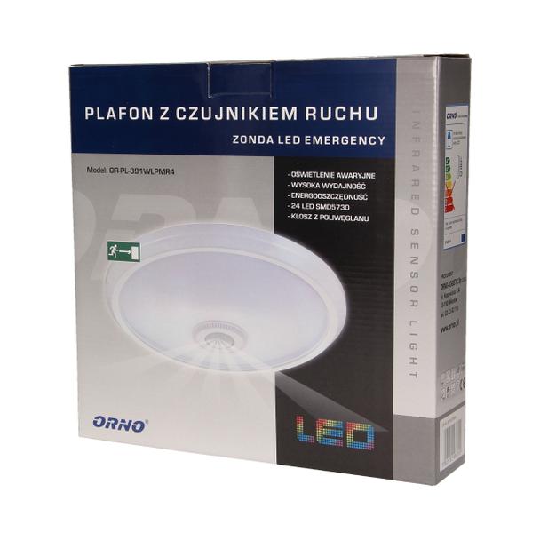 Plafon ZONDA LED EMERGENCY z czujnikiem ruchu, 24 SMD5730, 12/1,2W, 800/80lm, 4000K, IP20, poliwęgla OR-PL-391WLPMR4 ORNO