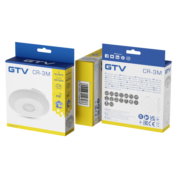 GTV CZUJNIK RUCHU CR-3 MINI, max. 2000W, AC 220-240V, 50/60Hz, KĄT DZIAŁANIA 360*, ZASIĘG 6m ± 2,2- 4m, IP20, WSPÓŁPRACUJE Z LED, NATYNKOWY, BIAŁY CR-CR3M00-00 GTV Poland