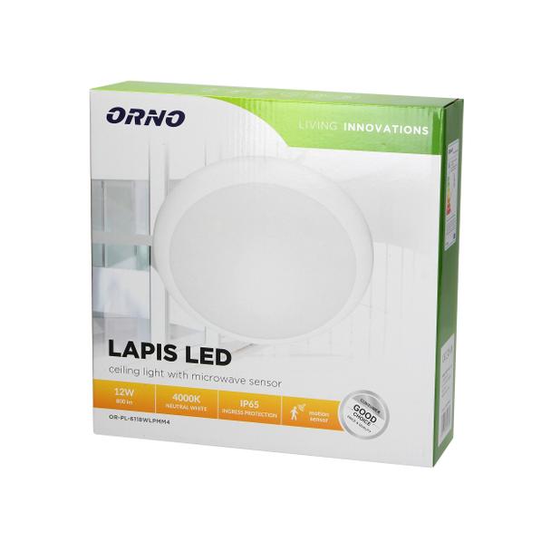 LAPIS LED 12W, plafon oświetleniowy z mikrofalowym czujnikiem ruchu, 800lm, IP65, 4000K, IK10, poliw AD-PL-6118WLPMM4 ORNO