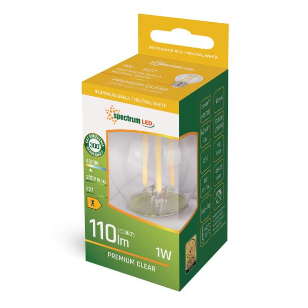 ŻARÓWKA LED KULKA E-27 230V 1W COG NW CLEAR SPECTRUM