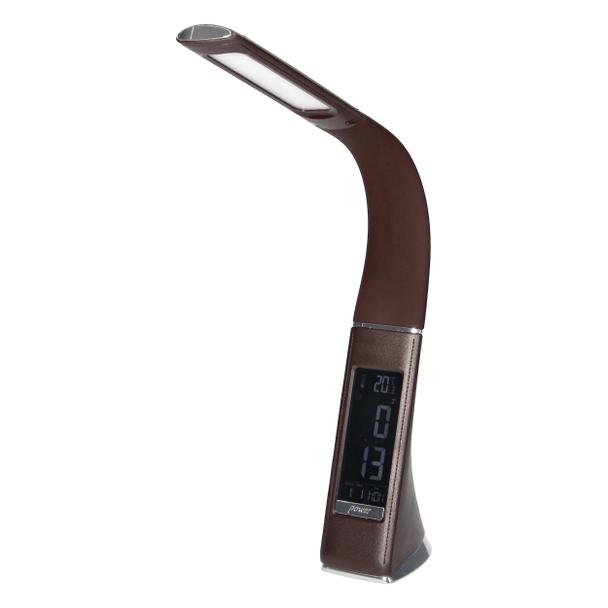 Lampka biurkowa DOLOMIT LED 4000K, 5W DIM z zegarem, imitacja skóry/chrom brązowa DL-12/BR ORNO