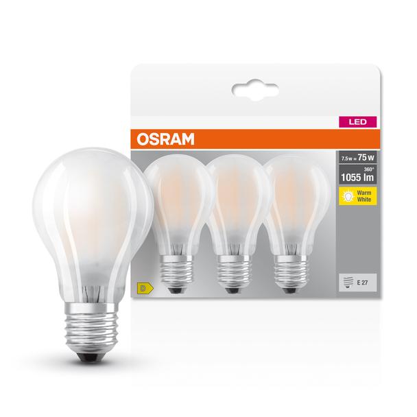 Żarówka LED x3 A60 E27 7.5W = 75W 1055lm 2700K Ciepła 300° BASE Osram
