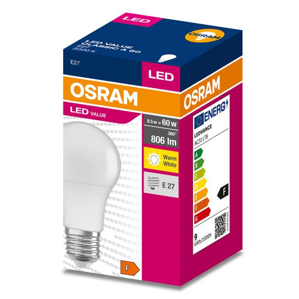 Żarówka LED A60 E27 8.5W = 60W 806lm 3000K Ciepła 200° VALUE CLASSIC Osram