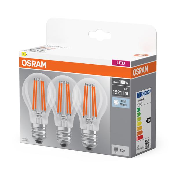 Żarówka LED x3 A60 E27 11W = 100W 1521lm 4000K Neutralna 300° Filament BASE Osram