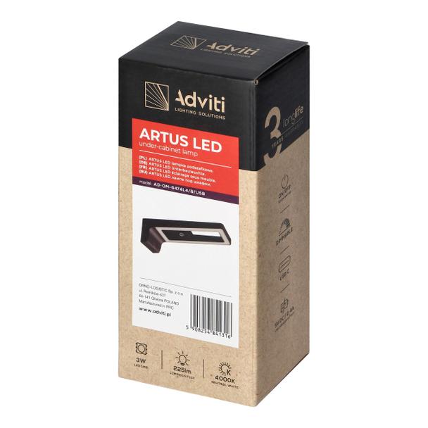 ARTUS lampka podszafkowa LED 3W, 225lm, 4000K, z włącznikiem dotykowym i USB, czarna AD-OM-6474L4/B/USB ORNO